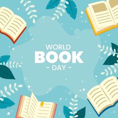 an open book with leaves around it and the words world book day written in white