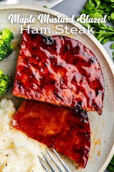 An overhead view of two maple mustard glazed ham steaks on a plate with mashed potatoes and broccoli. Glazed Ham Steak, Mustard Glazed Ham, Ham Steak Glaze, Steak At Home, Ham Steak, Maple Mustard, Ham Steaks, Glazed Ham, Best Dinner Recipes