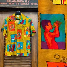 "Vintage 1960's \"Surfline\" Label Pop Art Cartoon Hawaiian Shirt. No Size Tag. Please check the measurements below. Very good condition. The label is \"Surfline Hawaii\". Original 1960's. Pop art postcard print Hawaiian shirt. All Sales Final. Please ask any questions before purchase. Take a look at our Store for more Vintage Clothing - VintageOnHollywood. MEASUREMENTS Shoulder to Shoulder: 17\" Underarm to Underarm: 20 1/2\" Outer Sleeve Length (shoulder edge to cuff edge): 9 1/4\" Top to Bott Yellow Hawaiian Shirt With Graphic Print, Retro Tops With Vintage Print And Camp Collar, Retro Printed Collared Top, Vintage Collared Shirt With Abstract Print, Vintage Multicolor Hawaiian Shirt With Camp Collar, Retro Vintage Print Camp Shirt For Summer, Fitted Hawaiian Shirt With Graphic Print And Camp Collar, Retro Fitted Beach Shirt, Vintage Orange Beach Tops