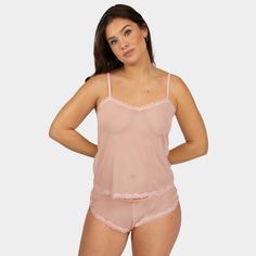 Fair warning, you may lose sleep in the Smart&Sexy Mesh Cami & Shorts Sleep Set. The completely sheer mesh fabric, v-neck and delicate lace trim make for one cute pajama set. As cozy as they are sexy, our easy to wear cami top and tap shorts have a loose fit thats flattering on every figure. Added bonus, the sheer cami top can also be worn with a bra and jeans for a sultry night out. Perfect to get for yourself or as a gift for her, sleep sets come in extended sizes including plus size pajama se Sheer Spaghetti Strap Camisole For Loungewear, Sheer Camisole With Spaghetti Straps For Loungewear, Sheer V-neck Camisole For Loungewear, Sheer Mesh Camisole, Sheer Camisole Sleepwear For Loungewear, Sheer Stretch Sleepwear For Loungewear, Feminine Sheer Cami Sleepwear, Pink Sheer V-neck Sleepwear, Sheer Pink V-neck Sleepwear