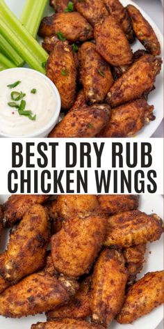 the best dry rub chicken wings with ranch dip and celery sticks on the side