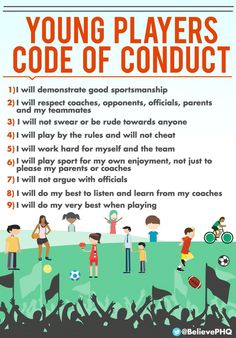 a poster with the words young players code of conduct in front of children playing soccer