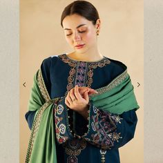 Zara shah Jahan Embroidered Khaddar Suit, Stitched to perfection, Stitched same as model photo, Available Unstitched and Stitched ! Embroidered Shirt, Embroidered Sleeves, Embroidered Pants Bodar, Embroidered Shawl. Sizes: Xtra small: 34 Bust Round  Small: 36 Bust Round Medium: 20 Bust Round Large: 44 Bust Round Xtra Large : 46 Bust Round You can Also make this on Custom Size! Elegant Green Kurta With Embroidered Border, Long Sleeve Chanderi Anarkali Set With Embroidered Border, Festive Green Embroidered Anarkali Set, Festive Green Anarkali Set With Embroidered Border, Semi-stitched Embroidered Georgette Dress, Eid Multicolor Embroidered Straight Kurta Dress, Eid Straight Kurta Dress With Multicolor Embroidery, Eid Multicolor Embroidery Straight Kurta Dress, Green Anarkali Set With Embroidered Border