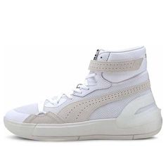 Looking for a sleek, monochromatic basketball shoe with classic '80s design roots? The PUMA Sky Modern 'Dreamer' has got you covered. The shoe's breathable white mesh upper is perfect for hitting the court, while the padded leather collar and Off-White suede detailing provide a stylish edge. An external TPU heel counter ensures stability, while a full-length ProFoam midsole offers high-rebound cushioning. So whether you're looking to hit the hardwood or the pavement, the PUMA Sky Modern 'Dreamer' has got you covered. (SNKR/Retro/High Top/Crossover/Basketball) High-top Custom Sneakers With Perforations For Sports, Custom High-top Sneakers With Perforations For Sports, White Mesh Sneakers With Boost Midsole, White Mesh Sneakers With Perforated Toe Box, White Mesh Sneakers With Comfortable Midsole, White Mesh Custom Sneakers In Athleisure Style, White Mesh Custom Sneakers Athleisure, Custom High-top Sneakers With Perforations For Streetwear, White Mesh Custom Sneakers For Athleisure