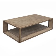 a wooden coffee table sitting on top of a white floor