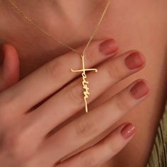 "14K solid gold Faith Cross Necklace would be the perfect Christmas gift for your daughter, wife, or mother. Our Faith Cross Necklace is sure to be a hit! This minimalist and custom piece symbolizes love and loyalty. Give her a gift that she can show off on this special day. This dainty necklace is sure to be a memorable gift for years to come. ♡FAITH CROSS NECKLACE ✣ * Made to Order * Material Options: 14K Solid Gold, High-Quality 925k Sterling Silver * Color Options: Yellow Gold, Rose Gold, White Gold * Production Techniques: Handmade - Laser Cutting to have High-Quality Products * Package: Ready to Gift - Stylish Jewelry Box * Personalization made by engraving for a stunning look. NOTE: The model in the photo wears 16 inches length chain. HOW TO ORDER? ✅Step 1: Use the first drop-down m Gold Personalized Minimalist Cross Necklace, Gold Minimalist Personalized Cross Necklace, Minimalist Personalized Gold Cross Necklace, Personalized Gold Cross Jewelry, Personalized Gold Cross Jewelry Gift, Personalized Yellow Gold Necklaces For First Communion, Customizable Cross Jewelry For Baptism, Personalized Yellow Gold Necklace For First Communion, Gold Cross Necklace For Personalized Gift