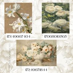 four paintings of white flowers in vases on a floral background with the names and date