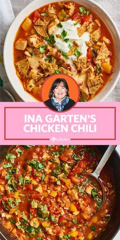 the cover of ina gatten's chicken chili is shown in pink and white