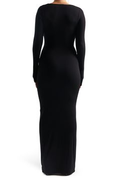 A square neckline accentuates the fitted bodice of this sleek, contemporary dress fashioned from stretchy knit fabric. Square neck Long sleeves Lined 95% viscose, 5% spandex Hand wash, line dry Imported Fitted Black Maxi Dress With Square Neck, Long Sleeve Square Neck Dress, Skims Black Dress Long Sleeve, Black Long Sleeve Viscose Dress, Sleek Black Long Sleeve Maxi Dress, Black Knit Long Sleeved Bodycon Dress, Contemporary Dress, Naked Wardrobe, Contemporary Dresses