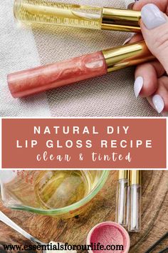 This homemade natural lip glass recipe is such an easy recipe and is made without wax! Not only is this a quick recipe to make, but it looks great and feels great on your lips. Find recipes for both a natural, clear lip gloss and a tinted lip gloss. Whichever recipe you use, the outcome will be a moisturizing lip gloss with that glossy finish we all love! Essential Oil Lip Gloss, Diy Lip Oil Recipe Homemade, Lip Tint Recipe, Easy Things To Make Homemade, Easy Homemade Lip Gloss, Diy Plumping Lip Gloss, Diy Tinted Lip Gloss, Diy Young Living Recipes, Homemade Lipgloss Recipe