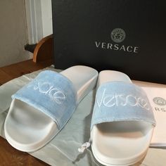 New Versace Slides . Ciabattina Model. New , Never Used. Size 38.5 - 8.5 . 10" Long From Tip To Tip. 3/4" Thickness At Heel. Made In Italy. Light Blue Flat Slides For Spring, Designer Summer Slides With Cushioned Footbed, Spring Light Blue Flat Slides, Designer Summer Slides With Removable Insole, Designer Flat Slides For Summer, Designer Summer Flat Slides, Designer Summer Sandals With Cushioned Footbed, Summer Designer Flat Slides, Designer Cushioned Sandals For Summer