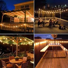 some lights are hanging on the outside of a house and people are sitting at a table under an umbrella