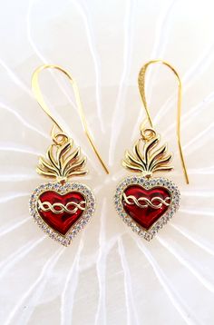 Gold Enamel Heart Charm Earrings, Heart Charm Enamel Earrings, Heart-shaped Enamel Earrings With Charm, Gold Enamel Heart Earrings For Valentine's Day, Red Drop Earrings For Valentine's Day, Double Heart Enamel Jewelry For Gifts, Gold Enamel Heart-shaped Earrings, Gold Heart-shaped Enamel Earrings, Gold Enamel Heart Earrings