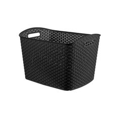 a black plastic basket with holes on the sides and handles, sitting against a white background