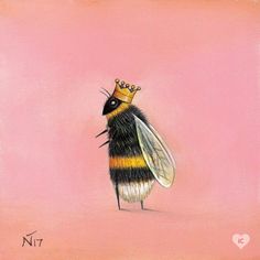 a painting of a bee with a crown on it's head, standing in front of a pink background