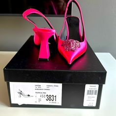 Brand New And Never Worn! Gorgeous Hot Pink Satin Versace Slingback With Jeweled Medusa Head On Toe. Size 7. Luxury Pink Slingback Pumps, Luxury Pink Slingback Pumps With Open Heel, Luxury Pink Slingback Pumps With Heel Strap, Designer Pink Slingback Pumps For Party, Pink Luxury Slingback Pumps, Designer Pink Slingback Pumps For Formal Occasions, Luxury Slingback Pumps For Gala, Designer Pink High Heel Slingback Pumps, Designer Slingback Pumps With Open Heel For Gala