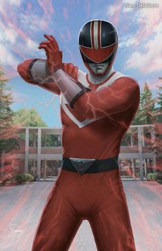 a digital painting of a man in a red ranger suit with his hands out to the side