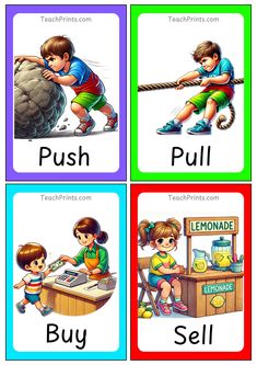 four cards with different pictures of children playing and selling items in the same color scheme