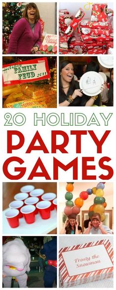 a collage of party games with the words,'20 holiday party games '