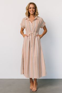 Carole Midi Dress | Multi Stripe Striped Short Sleeve Dresses For Fall, Striped Short Sleeve Fall Dresses, Casual Striped V-neck Midi Dress, Casual Striped Midi Dress For Fall, Hunter Green Maxi Dress, Cocktail Jumpsuit, Striped Linen Dress, Burgundy Maxi Dress, Destination Dress