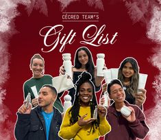 a group of people holding up items in front of a red background with the words gift list