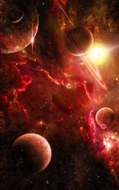 an artist's rendering of planets in the sky with stars and dust around them