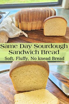 some day sourdough sandwich bread soft, fluffy, no knead bread on a cutting board