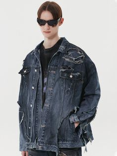 This is a unique and casual denim jacket that is made out of sturdy cotton 100% denim fabric. With a trendy and young design with rough destroyed texture all over, layered elements on destroyed parts, and dirty washing process that gives a vintage mood, it gives a unique and wild look. - Layered detail- Destroyed detail and dirty washing- Welt pockets on the side Ripped Dark Wash Outerwear For Streetwear, Distressed Dark Wash Denim Jacket For Streetwear, Urban Ripped Outerwear For Streetwear, Distressed Denim Jacket For Streetwear, Ripped Long Sleeve Denim Jacket For Streetwear, Ripped Denim Jacket For Streetwear, Ripped Denim Jacket For Urban Streetwear, Distressed Denim Jacket For Fall Streetwear, Ripped Dark Wash Denim Jacket For Streetwear