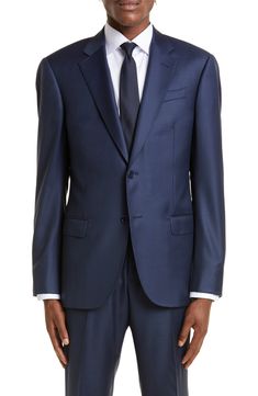 Lustrous sharkskin virgin wool elevates a stylish suit framed with clean, classic notched lapels. Notched lapels Nonfunctional four-button cuffs 100% virgin wool Dry clean Imported Stylish Suit, Groom Suit, Wool Suit, Wedding Plans, Emporio Armani, Suit Jacket, Dark Blue, Dry Clean, Nordstrom