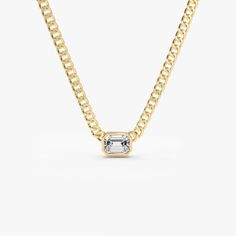 14k Gold Cuban Link Bezel Setting Emerald Cut Diamond Necklace 13 Inches Ferkos Fine Jewelry Emerald Cut Diamond, Emerald Cut Diamonds, Cuban Link, Diamond Color, Custom Necklace, Necklace Sizes, Diamond Gemstone, Bezel Setting, Emerald Cut