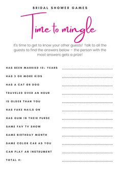 the bridal shower game is in pink and white with text that reads time to mingle