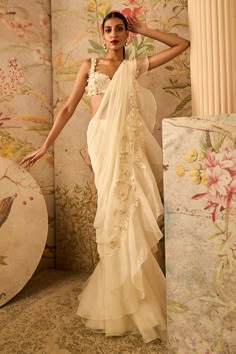 Dainty ivory draped sari and blouse Ivory Drapes, Saree Chiffon, Cut Work Blouse, Drape Sarees, Ridhi Mehra, Draped Saree, Ruffle Saree, Drape Saree, Ruffle Fabric