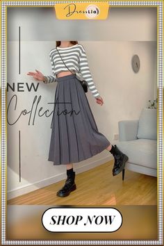 Vintage Pleated Midi Skirt Fashion High Waist Gothic Skirt Women Spring Casual Korean A-line Elastic Solid All-match Skirt New Full Tennis Skirt, Casual Gray Flowy Skirt, Gray Flowy Casual Skirt, Trendy Gray Pleated Skirt For Spring, Trendy Pleated A-line Skirt, Casual A-line Pleated Maxi Skirt, Trendy Long Skirt In Solid Color, Gray Lined Midi Skirt, Fall Flared Tennis Skirt With Relaxed Fit