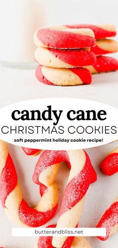 Red and white candy cane shaped Christmas cookies stacked in a pile on a table. Festive Bread, Candy Cane Recipe, Easy Christmas Cookies, Small Batch Cookies, Diy Mixes, Soft Cookies, Cookies Soft, Christmas Baking Recipes, Candy Cane Cookies