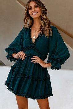 Laney Cutout Back Balloon Sleeve Dress Forest Green by Selfie Leslie Nude Strappy Heels, Under The Skirt, Pelo Afro, Balloon Sleeve Dress, Super Cute Dresses, Photo Outfit, Sheer Chiffon, Hoco Dresses, Guest Outfit