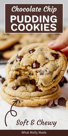 chocolate chip pudding cookies are stacked on top of each other with the words soft and chewy