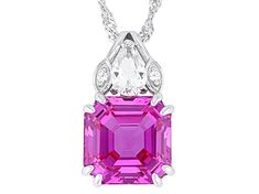 6.39ct Octagonal Asscher Cut Lab Created Pink Sapphire With 0.38ctw Pear Shape And 0.02ctw Round Lab Created White Sapphire Rhodium Over Silver Pendant With 18"Singapore Chain. Measures Approximately Asscher Cut, White Sapphire, Pear Shape, Pink Sapphire, Pear Shaped, Silver Pendant, Singapore, Pear, Sapphire