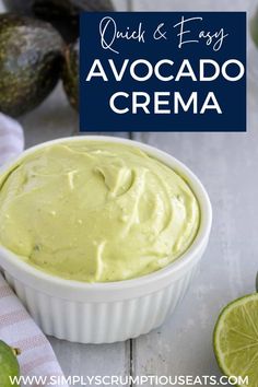 avocado cream in a white bowl with limes around it