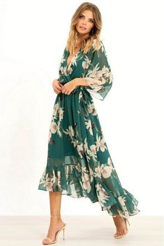 Floral Print Kimono Midi Wrap Dress in Green Colour 100% Polyester Machine Wash At 30 Spring Dresses With Kimono Sleeves, Spring Dresses With Flowy Kimono Sleeves, Flowy Spring Dresses With Kimono Sleeves, Spring Flowy Dresses With Kimono Sleeves, Spring Dresses With Flowy Fit And Kimono Sleeves, Flowy Dress With Kimono Sleeves For Brunch, Green Kimono Sleeve Dress For Spring, Chic Dresses With Flowy Kimono Sleeves, Chic Flowy Dress With Kimono Sleeves