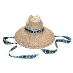 Hollyhock Sun Hat - Vintage Azure Garden Rose Ribbon – The Well Appointed House Surfer Hat, White Garden Rose, Blue And White Garden, Rose Ribbon, Palm Tree Leaves, Garden Rose, White Garden, White Gardens, Tree Leaves