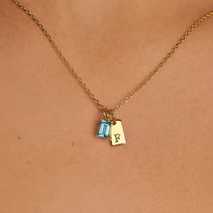 The Tiny Tag Initial Birthstone Necklace artfully combines personalized charm with a touch of color. This refined piece features a sleek gold tag, delicately engraved with your chosen initial, alongside a vibrant birthstone that dangles with light-catching allure. Perfect for celebrating a loved one's special month or adding a meaningful touch to your ensemble, this necklace serves as a daily reminder of personal significance and style. Birthstone dimension: 4 mm x 6 mm; Initial dimension: 10 mm Initial Birthstone Necklace, Gold Tag, Tiny Tags, Necklace For Mom, Necklace Birthstone, Daughter Necklace, Letter Necklace, Initial Charm, Birthstone Necklace