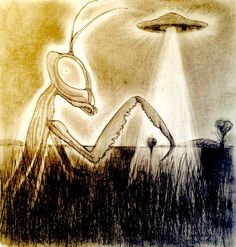 a drawing of an alien attacking a mushroom