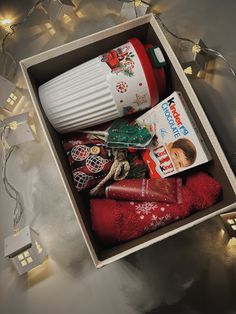 a box filled with christmas items on top of a table