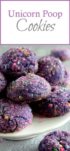 purple unicorn poop cookies with sprinkles on a white plate and text overlay