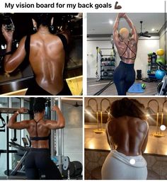 the back of a woman's body in four different pictures, including an exercise room and