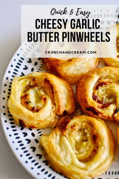 cheese garlic butter pinwheels on a white and black plate with text overlay