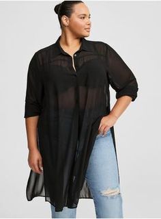 Chiffon Button Up Long Sleeve Tunic Clean Goth, Goth Plus Size, Tunic Tops For Women, Front Splits, Plus Size Tunic, New Street Style, Fashion To Figure, Maxi Styles, Maxi Shirt Dress