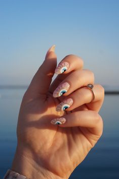 Evil Eye Nail Designs Design Talk Nails Evil Eye, Nail Aesthetics, Nail Halloween, White Almond Nails, Evil Eye Nails, Eye Nail Art, Halloween Color, Eye Nails, Painted Nails