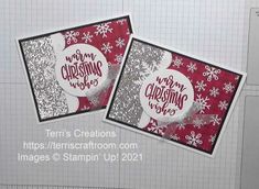 two christmas cards with snowflakes on them and the words merry christmas written in white