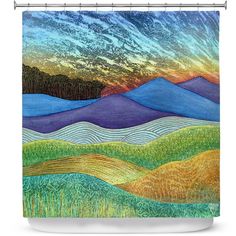 an abstract painting shower curtain featuring mountains and grass